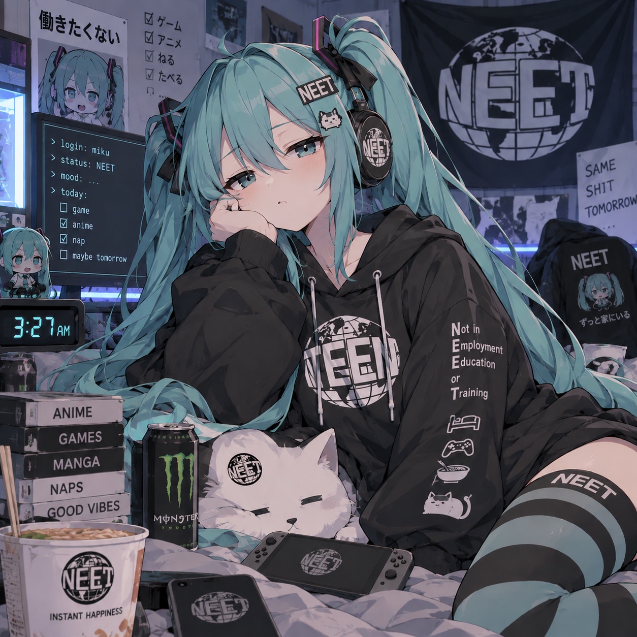 TEEN mascot with teal twin tails and headphones, relaxing with a cat in her late-night NEET bedroom